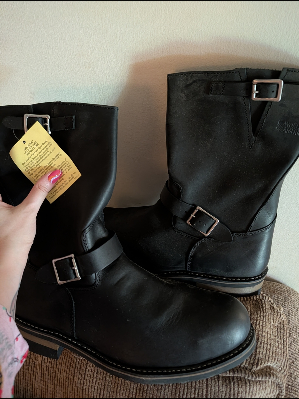 Black Leather Engineer Boots with Buckle Detail Size 15 Brand New